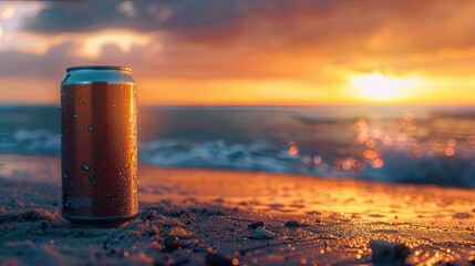 Beer can on the beach with water drops and waves in front, sunset in the background, orange tones, shallow depth of field with blurred background.