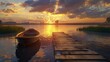 An old wooden boat moored at the end of an endless pier, sunset colors, beautiful view of the lake, calm atmosphere.