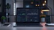 © Светлана Канунникова - Laptop on table displays interface with analytics, graphs and charts in front view. The backdrop is a gray office space with black accents. On one side is a smartphone.