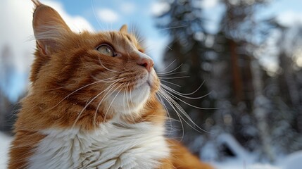 Poster -   A feline in snow, gazing afar, surrounded by trees and snow on the ground