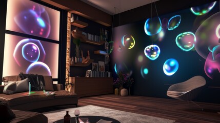 Wall Mural - Photograph of a living space with halogram walls that can change depending on the owner's mood or preferences, creating a dynamic and unique space. --no text, titles, shoes --ar 16:9 --quality 0.5 -