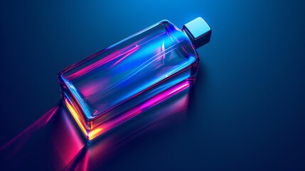 Canvas Print - A bottle of perfume is lit up in a bright color, AI