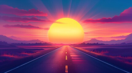 Sticker - A road leading to the sun with a sunset in front of it, AI