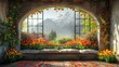   Window view of mountain range & flower bed in foreground