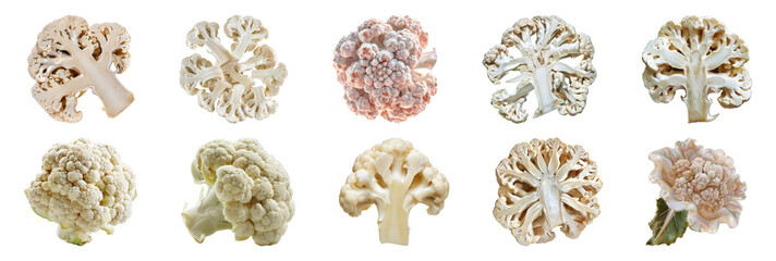 Diverse cauliflower heads and cross sections cut out on transparent background