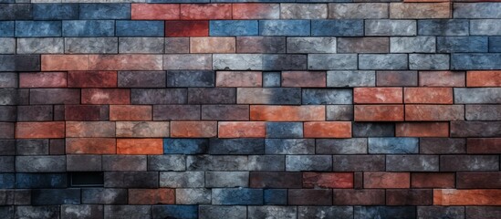 Poster - Detailed view of a brick wall showing a vibrant red and blue pattern, creating a visually striking background for design projects