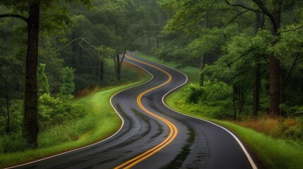 Sticker - A curved road in the middle of a forest with trees, AI