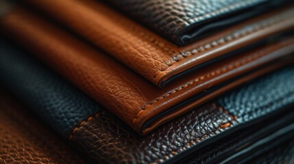 Canvas Print - A close up of a stack of leather wallets with different colors, AI