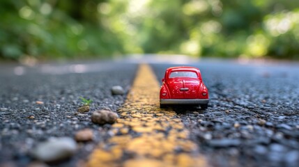 Poster - A red toy car is driving down a road with rocks and trees, AI