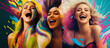 extremely happy young women, colorful spectacle of emotions