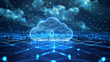 Illustration of cyber security lock on blue digital network lines - cloud computing concept