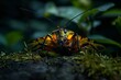 A vivid portrait focused on an intricate beetle with detailed markings contrasted against a dark green moss background