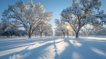 Wall Mural -   The sun brightens through the snow-covered trees in the park on a chilly winter day