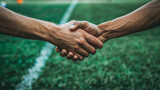 Fototapeta Desenie - Sportsmanship handshake against the backdrop of a soccer match. Concept of Football World Cup and sports competition between international teams.
