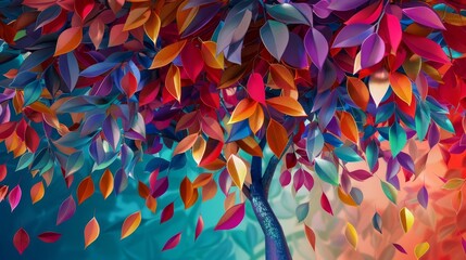 Wall Mural - Abstract 3D illustration of a colorful tree with vibrant multicolored leaves on hanging branches, surreal wallpaper background