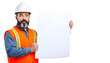 © Saqib - Labor Man Holding Banner PNG Image , Male construction worker in helmet and orange vest, isolated on white transparent background