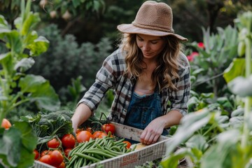 Wall Mural - a woman in a hat picking tomatoes from a crate