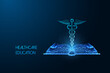 Healthcare education futuristic concept with open book and caduceus symbol on dark blue background
