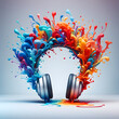 Un casque audio est l'épicentre d'une explosion de couleurs vives, illustrant la puissance de la musique.