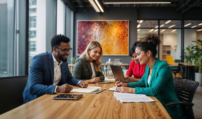 Diverse, multi racial group of people, young adult man and women working on desk in modern office setting, having a meeting, brainstorming, relaxed work environment