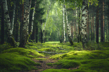 Canvas Print - a beautiful green birch forest for a computer wallpaper, or for the texture of the view outside the window in a visualization, generative AI