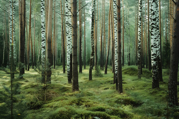 Wall Mural - a beautiful green birch forest for a computer wallpaper, or for the texture of the view outside the window in a visualization, generative AI