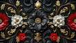 ornate black matte  and red floral baroque pattern with gold accents