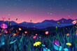 colorful low poly wildflowers with twilight mountains backdrop, cartoonish 