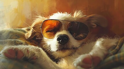 Wall Mural - Adorable Puppy Wearing Stylish Black Sunglasses, Relaxing in Cozy Room, Cute Pet Portrait, Digital Painting