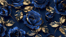 Dark Blue Roses Adorned With Golden Leaves Against A Deep Blue Background.