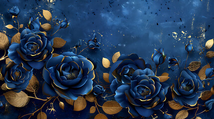 Poster - dark blue roses adorned with golden leaves against a deep blue background.