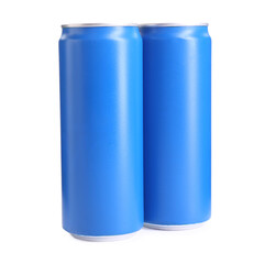 Wall Mural - Energy drinks in blue aluminum cans on white background