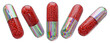 Iridescent grungy metal pill capsule with red granules inside. Futuristic pill set for modern technological medical design. 3D rendering.