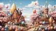 Detailed illustration of a whimsical Easter egg village with tiny inhabitants going about their day