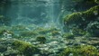 intricate textures of moss-covered rocks beneath clear river waters