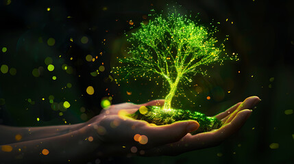 Wall Mural - a luminous, green tree that seems to be composed of light or energy.