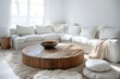 Round wood coffee table in room with white sofa in scandinavian style
