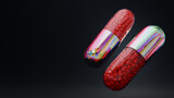 Fototapeta Sypialnia - Iridescent grungy metal pill capsule with red granules inside. Futuristic pill background for modern technological medical design. 3D rendering.