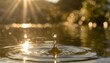 a crystal clear droplet dances mid air sunlight catching its iridescence as it plunges into a serene pond creating ripples and reflections that mesmerize the onlooker