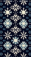 Poster - A knitted pattern with snowflakes on a dark blue background. Generative AI.