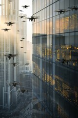 Wall Mural - A large number of drones flying in the air over a city. Generative AI.