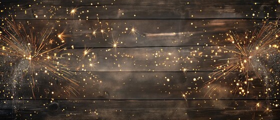 Wall Mural - ylvester 2025, New Year's Eve, New Year background panorama long - Firework Fireworks on rustic brown wooden wood texture