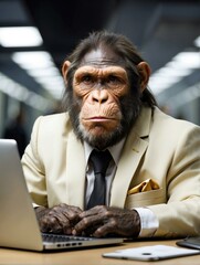 Poster - A monkey in a suit and tie sitting at his laptop. Generative AI.