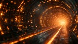 Fototapeta Przestrzenne - A tunnel with lights and a train going through it. Generative AI.