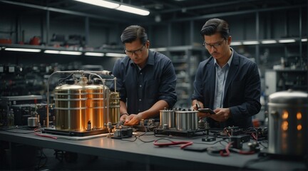 Wall Mural - Two men working on a machine in an industrial setting. Generative AI.