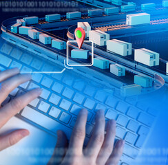 Poster - Logistics technologies. Conveyor with parcels. Hands on keyboard. Delivery tracking concept. Boxes on production line. Hands of programmer from logistics industry. Logistics software development