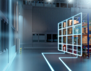 Poster - Warehouse technologies. Storage area with machine vision lines. Technology for automatic recognition goods in warehouse. Shelves with boxes inside storage hangar. Machine vision in storage industry
