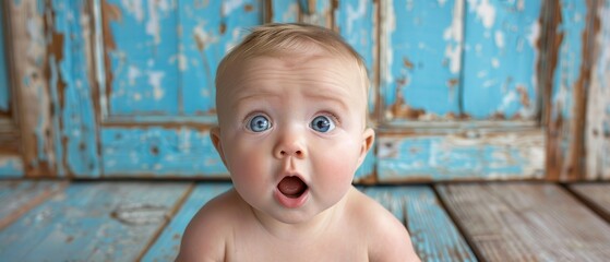 Wall Mural -   A baby with a surprised expression sits in front of a blue wooden paneled wall