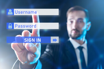 Poster - Login fields near man. Guy enters username and password. Businessman undergoes authentication. Blurred manager identifies person. Filling out login and password for registration. Access control