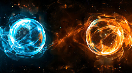 Two swirling spheres, one blue and the other orange, dance and intertwine against a dark cosmic backdrop.